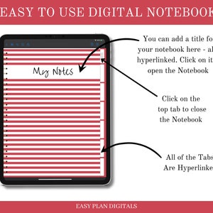 May include: A digital notebook app on an iPad screen. The app has a red and white striped background and a title bar that says "My Notes". The app is easy to use and has a simple interface. You can add a title to your notebook, and the title is hyperlinked. Click on the title to open the notebook. Click on the top tab to close the notebook. All of the tabs are hyperlinked.