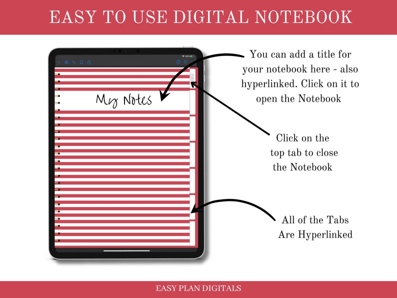 May include: A digital notebook app on an iPad screen. The app has a red and white striped background and a title bar that says "My Notes". The app is easy to use and has a simple interface. You can add a title to your notebook, and the title is hyperlinked. Click on the title to open the notebook. Click on the top tab to close the notebook. All of the tabs are hyperlinked.