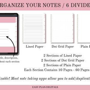 Pode incluir: Um modelo de planejador digital com seis divisores para organizar notas. O modelo inclui papel pautado, papel de grade de pontos e papel liso. Cada se&ccedil;&atilde;o cont&eacute;m 10 p&aacute;ginas, totalizando 60 p&aacute;ginas. O modelo &eacute; personaliz&aacute;vel e pode ser usado com a maioria dos aplicativos de anota&ccedil;&otilde;es.