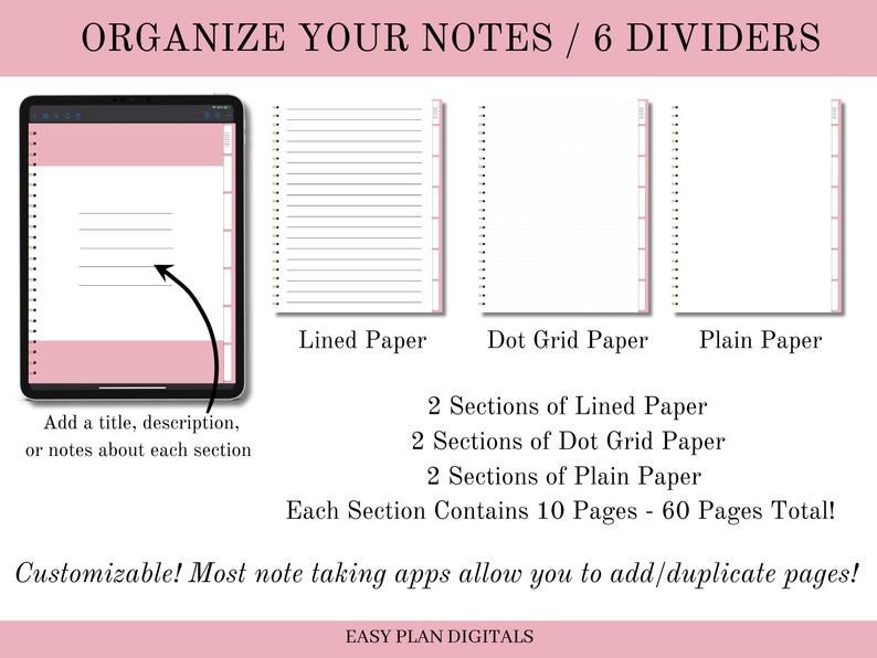 Pode incluir: Um modelo de planejador digital com seis divisores para organizar notas. O modelo inclui papel pautado, papel de grade de pontos e papel liso. Cada se&ccedil;&atilde;o cont&eacute;m 10 p&aacute;ginas, totalizando 60 p&aacute;ginas. O modelo &eacute; personaliz&aacute;vel e pode ser usado com a maioria dos aplicativos de anota&ccedil;&otilde;es.