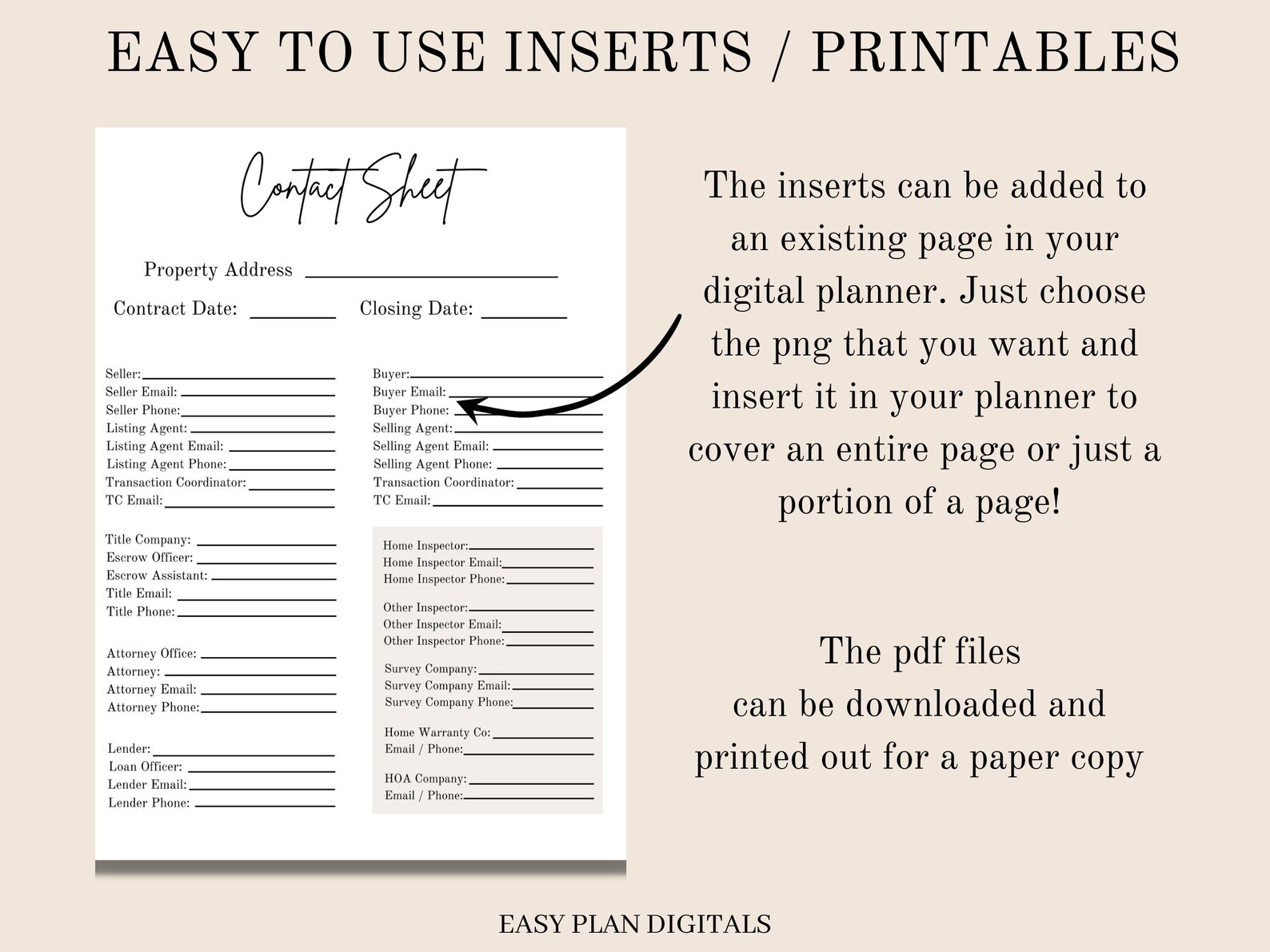 Real Estate Printable, Digital Planner Inserts, Real Estate Transaction ...