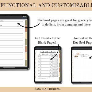 May include: A digital planner with lined pages, dot grid pages, and a health and fitness tracker. The planner is customizable with inserts and is great for grocery lists, to-do lists, brain dumping, and more.