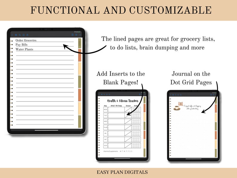 May include: A digital planner with lined pages, dot grid pages, and a health and fitness tracker. The planner is customizable with inserts and is great for grocery lists, to-do lists, brain dumping, and more.