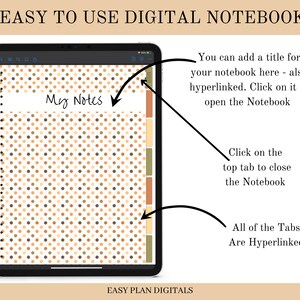 May include: A digital notebook app on an iPad screen with a polka dot pattern in brown, beige, and green. The app has a tab at the top that says "My Notes" and a title bar that says "Easy to Use Digital Notebook".