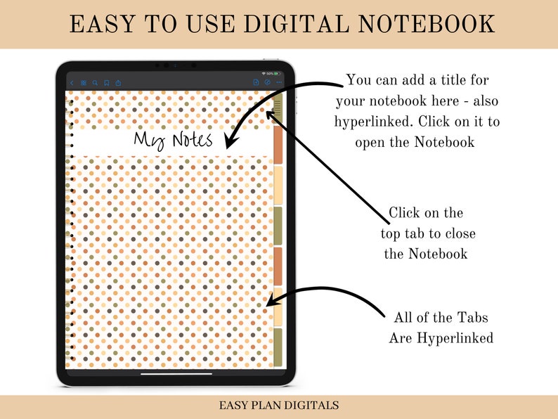 May include: A digital notebook app on an iPad screen with a polka dot pattern in brown, beige, and green. The app has a tab at the top that says "My Notes" and a title bar that says "Easy to Use Digital Notebook".