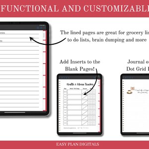May include: Three digital planner pages on a white background. The first page is lined and has a list of tasks: Order Groceries, Pay Bills, Water Plants. The second page is a grid with the title "Health & Fitness Tracker". The third page is a dot grid with the text "Enjoyed coffee and shopping with my bestie today".