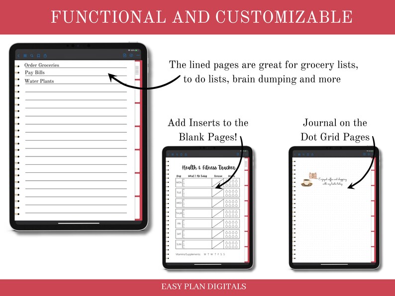 May include: Three digital planner pages on a white background. The first page is lined and has a list of tasks: Order Groceries, Pay Bills, Water Plants. The second page is a grid with the title "Health & Fitness Tracker". The third page is a dot grid with the text "Enjoyed coffee and shopping with my bestie today".