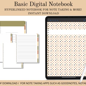 May include: A digital notebook with a polka dot cover in shades of brown, beige, and green. The notebook is open to a page with lined paper. The text "Basic Digital Notebook" is at the top of the image. The text "HYPERLINKED NOTEBOOK FOR NOTE TAKING & MORE!" is below the title. The text "INSTANT DOWNLOAD" is below the first line of text. The text "DIGITAL PDF DOWNLOAD / FOR NOTE TAKING APPS SUCH AS GOODNOTES, NOTABILITY ETC..." is at the bottom of the image.