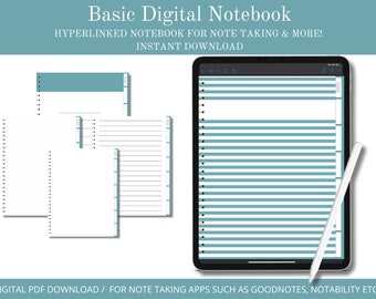 Digital Notebook, Basic Notebook, Hyperlinked Notebook For iPad and Tablets, Digital Download, Digital Journal, Notebook, Journal