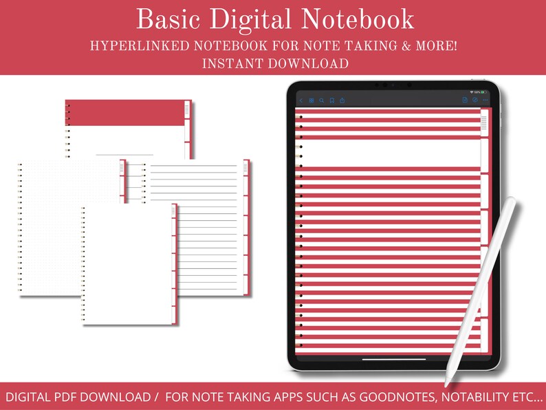 May include: A digital notebook with a red cover and white pages. The notebook is designed for note-taking apps such as Goodnotes and Notability. The text "Basic Digital Notebook" and "HYPERLINKED NOTEBOOK FOR NOTE TAKING & MORE! INSTANT DOWNLOAD" is displayed at the top of the image.
