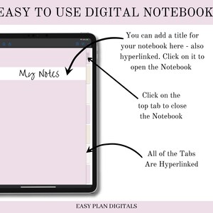 May include: A digital notebook app on a tablet screen. The app has a pink background and a title bar that says "My Notes". The app has a tab bar at the bottom of the screen with multiple tabs. The tabs are hyperlinked and can be clicked to open different notebooks.