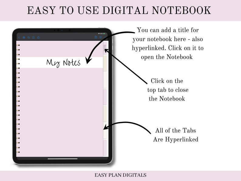 May include: A digital notebook app on a tablet screen. The app has a pink background and a title bar that says "My Notes". The app has a tab bar at the bottom of the screen with multiple tabs. The tabs are hyperlinked and can be clicked to open different notebooks.