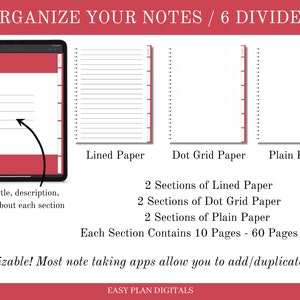 May include: A digital illustration showing how to organize notes in a digital notebook app. The image shows six sections, two each of lined, dot grid, and plain paper. Each section contains 10 pages, for a total of 60 pages. The text "Organize Your Notes / 6 Dividers" is at the top of the image. The text "Customizable! Most note taking apps allow you to add/duplicate pages!" is at the bottom of the image.