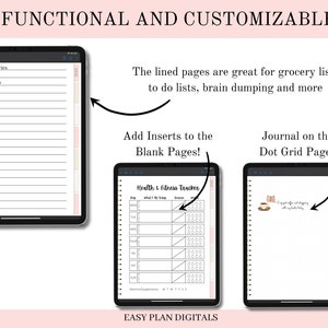Op de afbeelding: Drie digitale plannerpagina's op een tabletscherm. De eerste pagina heeft gestreept papier met de tekst "Boodschappen bestellen, rekeningen betalen, planten water geven". De tweede pagina toont een gezondheids- en fitnesstracker met kolommen voor "Dag, Wat ik at, Oefening, Vitaminen/Supplementen". De derde pagina heeft een stippenraster met de tekst "Geniet van koffie en winkelen met mijn beste vriendin".