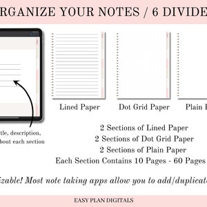 Op de afbeelding: Een digitale planner sjabloon met zes scheiders, met drie verschillende papierstijlen: gelinieerd, stippenraster en effen. Elke sectie bevat 10 pagina's, in totaal 60 pagina's. De tekst "Organize Your Notes / 6 Dividers" staat bovenaan de afbeelding. De tekst "Customizable! Most note taking apps allow you to add/duplicate pages!" staat onderaan de afbeelding.