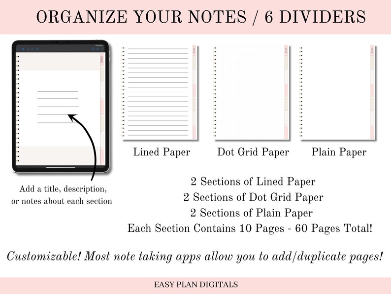 Op de afbeelding: Een digitale planner sjabloon met zes scheiders, met drie verschillende papierstijlen: gelinieerd, stippenraster en effen. Elke sectie bevat 10 pagina's, in totaal 60 pagina's. De tekst "Organize Your Notes / 6 Dividers" staat bovenaan de afbeelding. De tekst "Customizable! Most note taking apps allow you to add/duplicate pages!" staat onderaan de afbeelding.