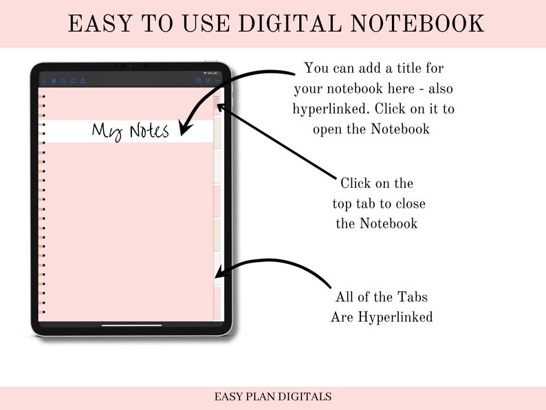 Op de afbeelding: Een digitale notitieboek-app-interface op het scherm van een tablet. De app heeft een roze achtergrond en een tabblad aan de rechterkant. Het tabblad heeft een titel die "Mijn notities" luidt. De tekst op het scherm legt uit hoe je de app gebruikt, inclusief het toevoegen van een titel, het openen van het notitieboek en het sluiten van het notitieboek.