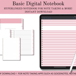 May include: A digital notebook with pink and white striped pages. The notebook is designed for note-taking apps such as Goodnotes and Notability. The text "Basic Digital Notebook" and "HYPERLINKED NOTEBOOK FOR NOTE TAKING & MORE! INSTANT DOWNLOAD" is displayed at the top of the image.