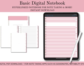 Digital Notebook, Basic Notebook, Hyperlinked Notebook For iPad and Tablets, Digital Download, Digital Journal, Notebook, Journal