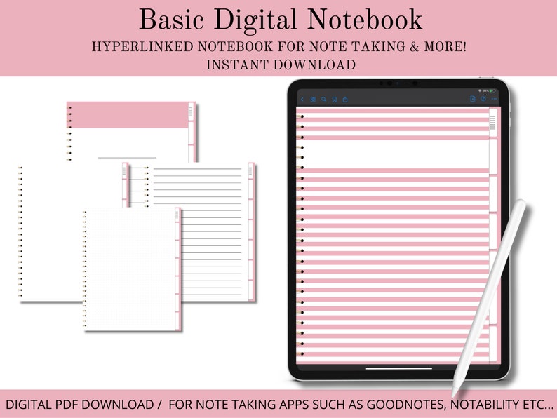 Pode incluir: Um caderno digital com p&aacute;ginas listradas rosa e branco. O caderno &eacute; projetado para aplicativos de anota&ccedil;&otilde;es como Goodnotes e Notability. O texto "Basic Digital Notebook" e "HYPERLINKED NOTEBOOK FOR NOTE TAKING & MORE! INSTANT DOWNLOAD" &eacute; exibido no topo da imagem.