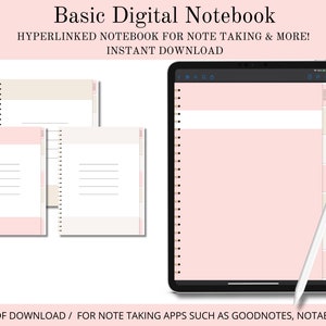 Op de afbeelding: Een digitaal notitieboek met een roze en beige omslag. Het notitieboek is ontworpen voor notitie-apps zoals Goodnotes en Notability. De tekst "Basic Digital Notebook" en "HYPERLINKED NOTEBOOK FOR NOTE TAKING & MORE! INSTANT DOWNLOAD" wordt weergegeven op de afbeelding.