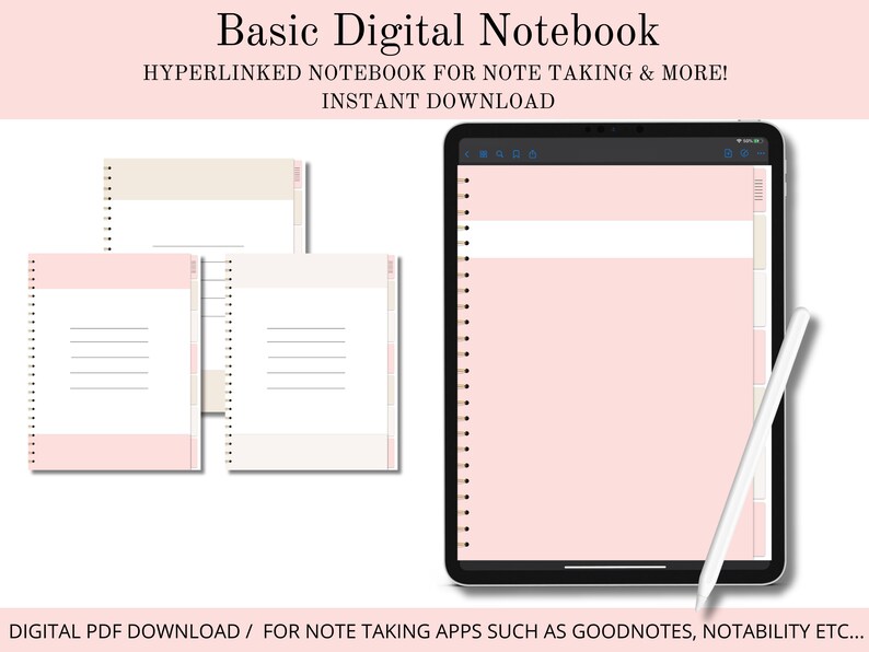 Op de afbeelding: Een digitaal notitieboek met een roze en beige omslag. Het notitieboek is ontworpen voor notitie-apps zoals Goodnotes en Notability. De tekst "Basic Digital Notebook" en "HYPERLINKED NOTEBOOK FOR NOTE TAKING & MORE! INSTANT DOWNLOAD" wordt weergegeven op de afbeelding.