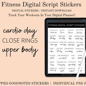 Puede incluir: Una hoja de pegatinas digitales para planificador con fondo blanco y texto negro. El texto incluye términos relacionados con el fitness como "cardio day", "close rings", "upper body", "1 mile run", "SK run", "10K run", "10K steps", "AB day", "arm day", "bike", "cardio day", "close rings", "core day", "exercise", "gym time", "hike", "lift day", "lower body", "marathon", "pilates", "pre-workout", "run", "swim", "train", "training day", "upper body", "walk", "warm up", "weights", "workout".