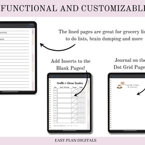 May include: Three digital planner pages on a tablet screen. The first page has lined paper with the text "Order Groceries, Pay Bills, Water Plants". The second page has a grid with the text "Health & Fitness Tracker". The third page has a dot grid with the text "Enjoyed coffee and shopping with my bestie today".