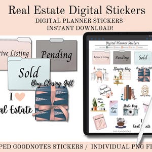 May include: Digital planner stickers for real estate agents. The stickers feature folders labeled "Active Listing", "Pending", and "Sold". Other stickers include "Office Day", "Staging Day", "Buy Closing Gift", "Personal Development", "Water Plants", "Return Calls", "Photo Day", "Coffee & Meetings", and "Research".