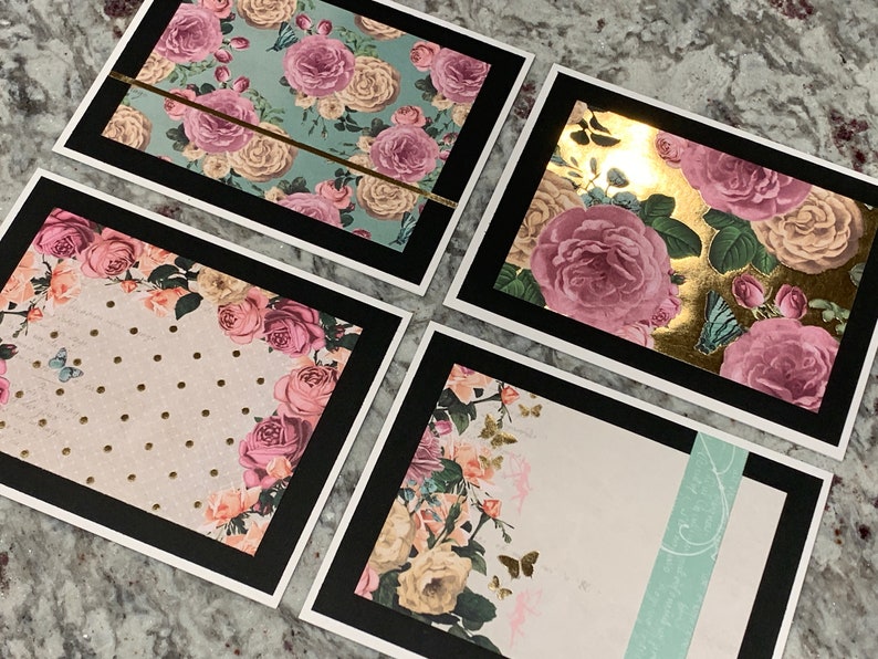 fairy garden Roses /& butterflies note card set of four handmade blank A2 notecards with envelopes gold shimmer