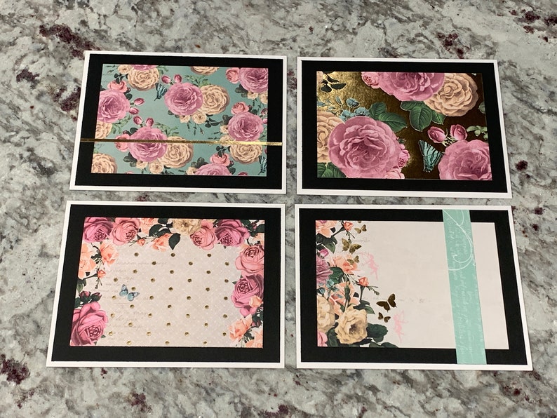 fairy garden Roses /& butterflies note card set of four handmade blank A2 notecards with envelopes gold shimmer