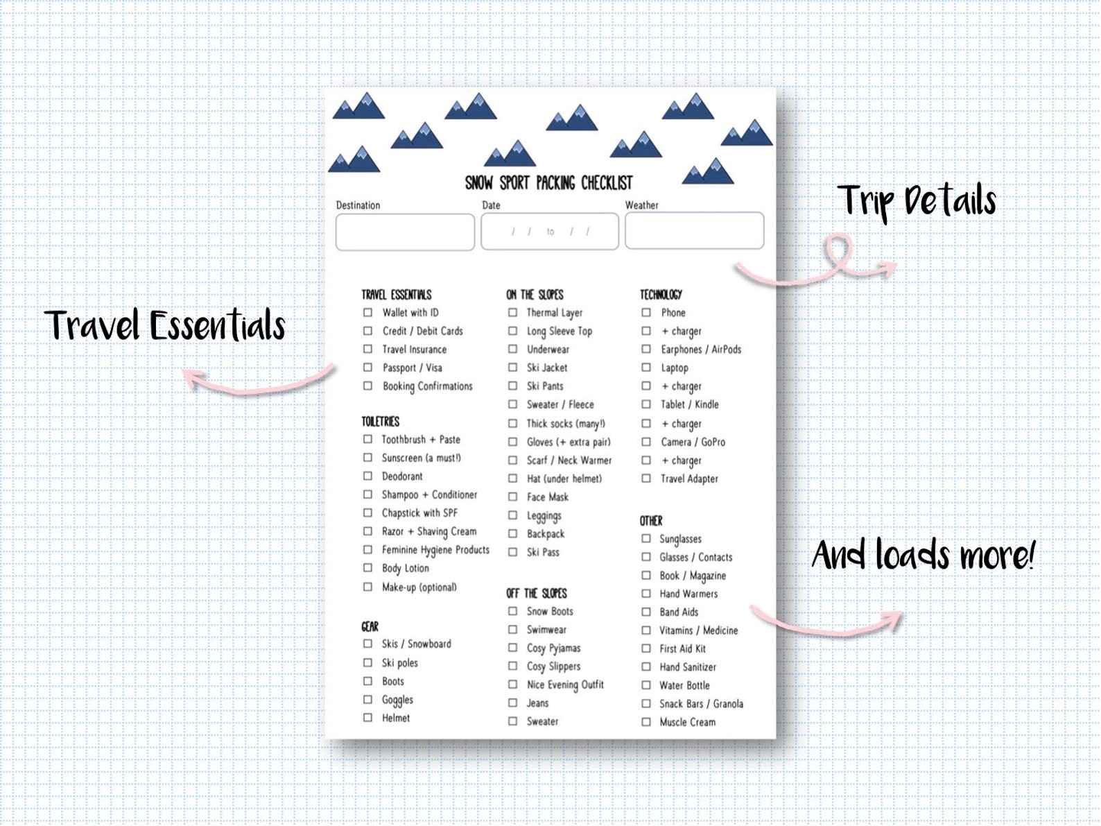 Snow Sport Vacation Packing Checklist Mountain Etsy