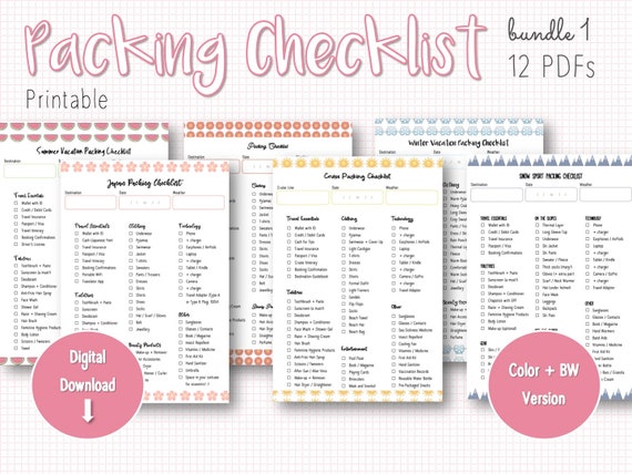 Printable Themed Packing Checklists Bundle Design 1 | Etsy