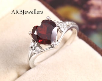 Handmade Heart Garnet Ring: Sterling Silver Anniversary Ring