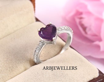 Heart Cut Amethyst Ring, Sterling Silver, Handmade