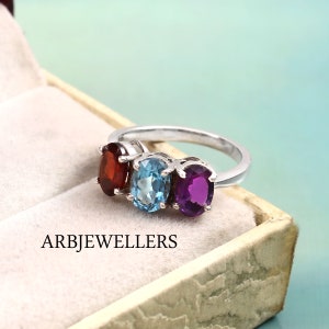 Garnet Blue Topaz With Amethyst Ring, Multi Stone Ring, Wedding Ring, Anniversary Ring, Engagement Ring, 925 Sterling Silver, Women&#39;s Ring..