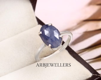 Anillo de zafiro azul ovalado hecho a mano: anillo de aniversario de plata esterlina