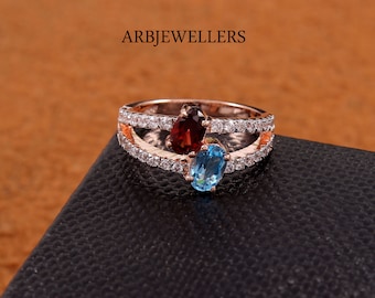 Blue Topaz With Garnet Ring, Engagement Ring, Wedding Ring, Statement Ring, Anniversary  Gift Ring, Women Ring, Bridal Ring, Gift For Her