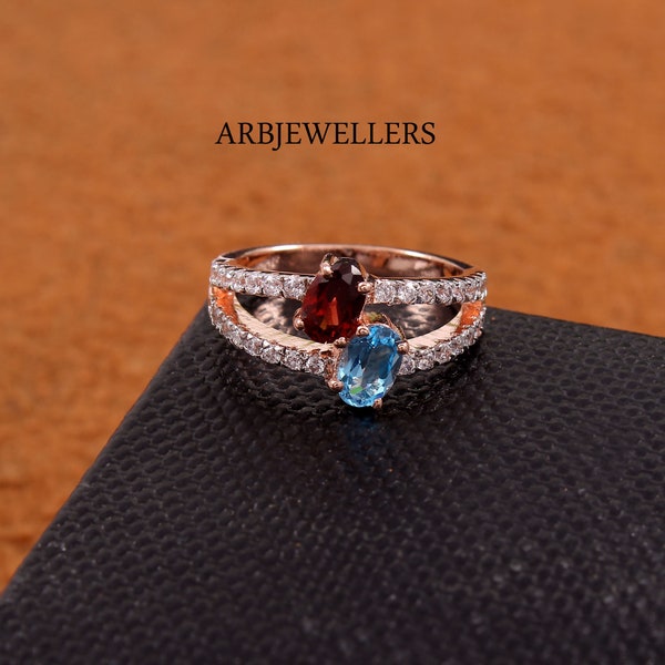 Blue Topaz With Garnet Ring, Engagement Ring, Wedding Ring, Statement Ring, Anniversary  Gift Ring, Women Ring, Bridal Ring, Gift For Her