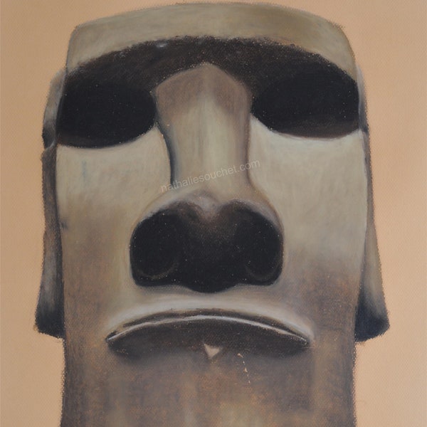 Hand Drawn Pastel of a Moai statue of the Easter Island