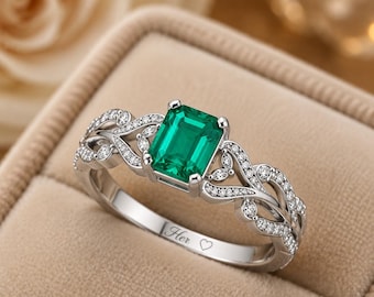 Anillo octogonal con halo de esmeralda natural, plata de ley, joyería minimalista hecha a mano.
