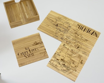 Michigan State Puzzle: Bamboo Coaster Set with Case