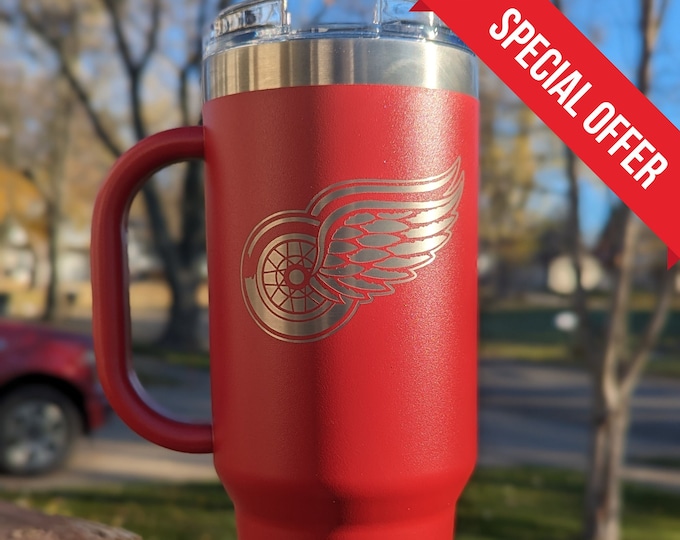 Detroit Red Wings 40oz "Stanley" Style Tumbler w/ Straw - Engraved Double Sided