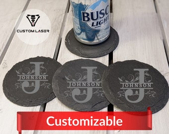 Custom Engraved Circle Slate Coasters (Set of 4) - Christmas Gift - Wedding Present - Personalized - Gifts