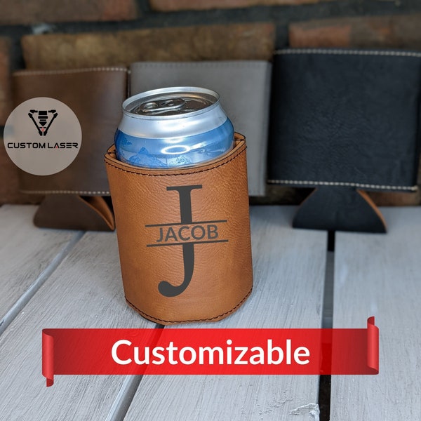 Custom Laser Engraved Leatherette Insulated Beverage Holders, Personalized Leather Can Cozies, Leather Can Holder