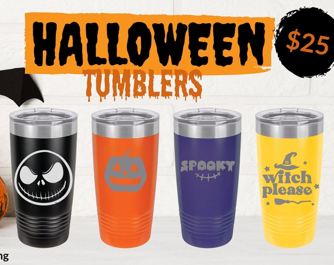 Halloween Tumblers: Spooky Witch, Pumpkin, Jack Skellington Designs