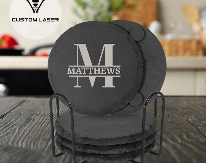 Custom Laser Engraved Slate Coasters Set of 6 with Holder - Personalized Round Drink Coasters, Monogram Name Initial Wedding Gift