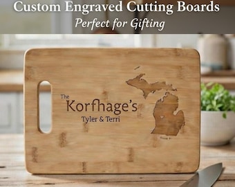 Custom Engraved Michigan Bamboo Cutting Board - 10"x12" State Gift - Name and Heart Location Map