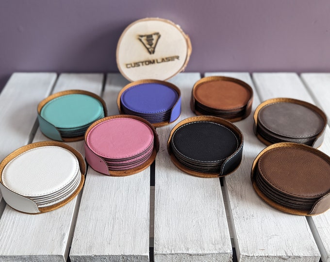 Personalized Faux Leather Coaster Set: Custom Engraved Drink Coasters