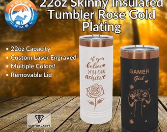 22oz Rose Gold Engraved Skinny Tumblers . Travel Mug Custom Laser Engraved